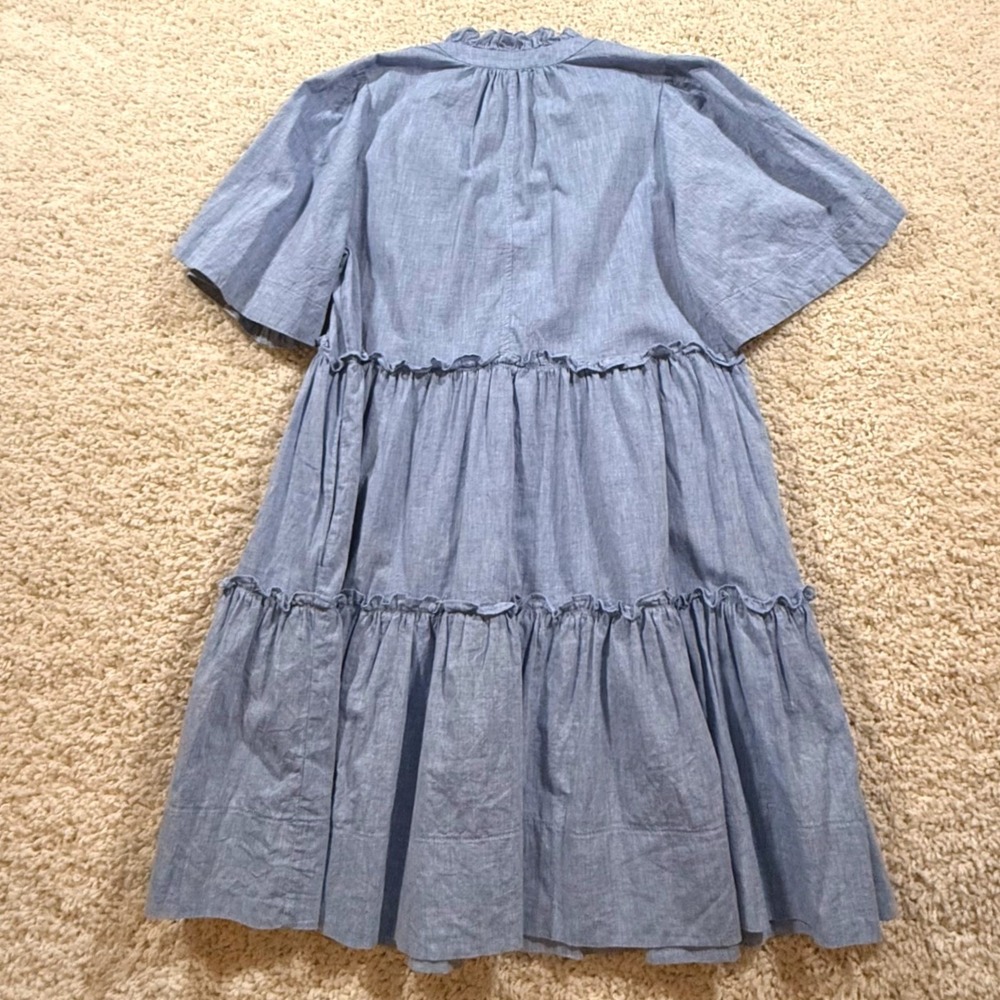 Tuckernuck Crawford Blue Cotton Linen Tiered Mini Dress S Chambray Coastal Prep - Picture 2 of 6